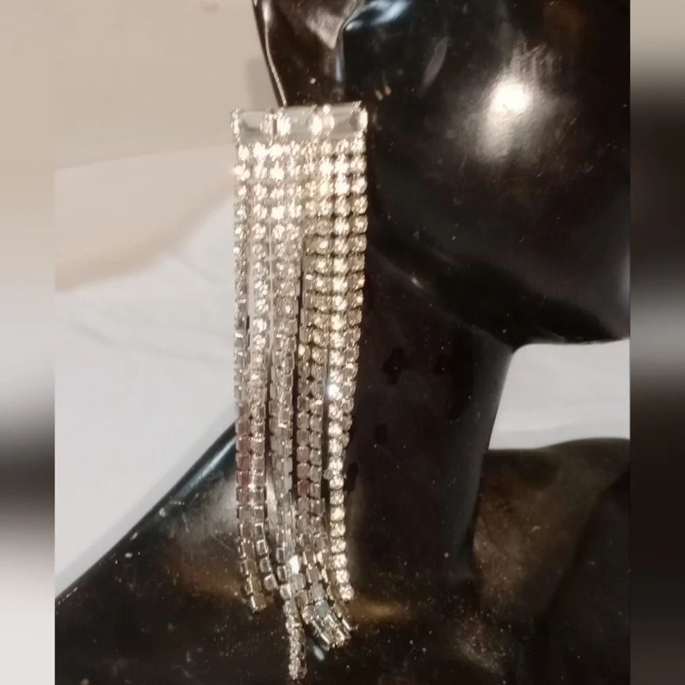 Silver Rhinestone Fringe Tassel Statement Earrings Glam 4